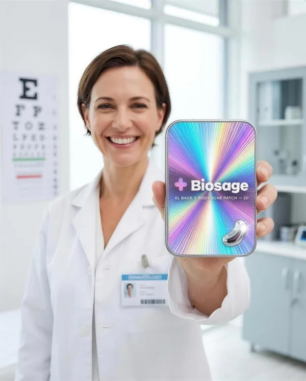 Dermatologist in a white coat holding the Biosage tin in her clinic