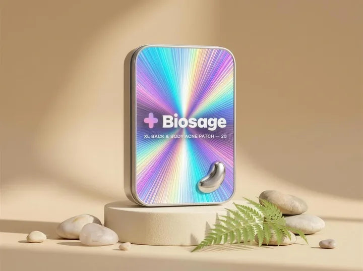 Biosage tin on a periwinkle podium surrounded by natural props and patches