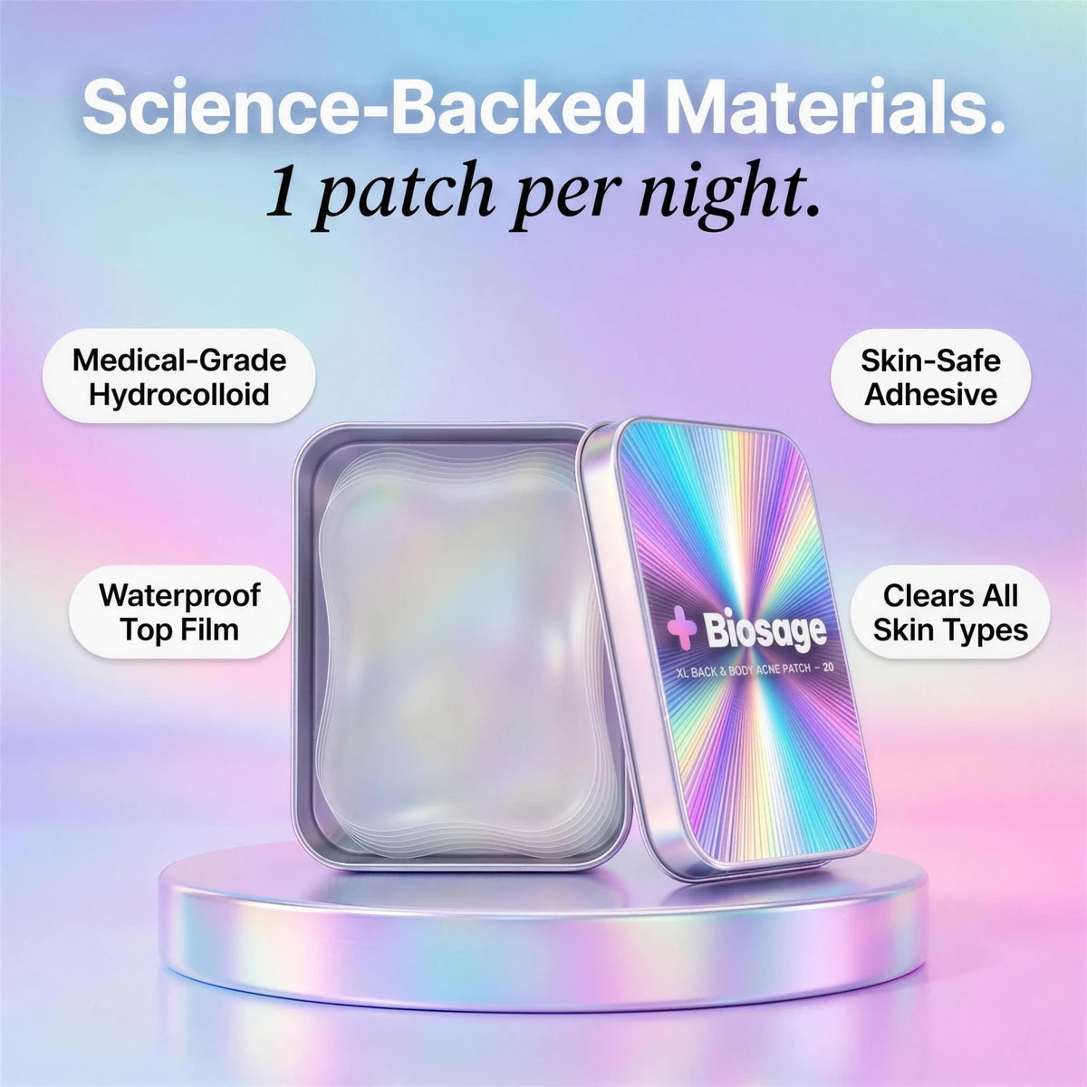 Science-backed materials: medical-grade hydrocolloid, skin-safe adhesive, waterproof top film, zero actives