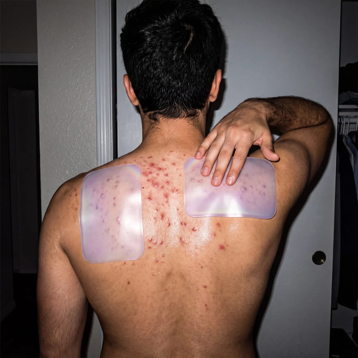 Man reaching over his shoulder to press an XL Biosage patch onto his upper back, a second patch already covering a cluster of breakouts on the other shoulder blade