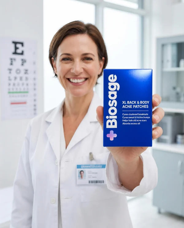 Dermatologist in a white coat holding the Biosage box in her clinic