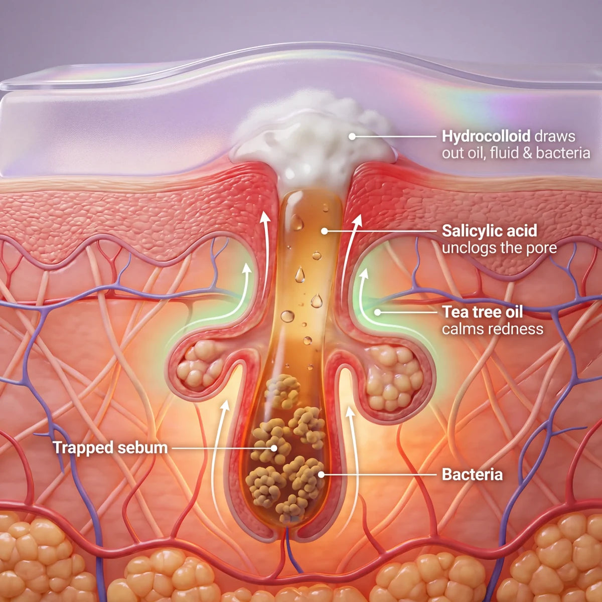 Cross-section of skin under a Biosage patch: hydrocolloid draws out oil, fluid and bacteria from a clogged pore, salicylic acid unclogs the pore, tea tree oil calms redness; trapped sebum and bacteria shown deep in the follicle